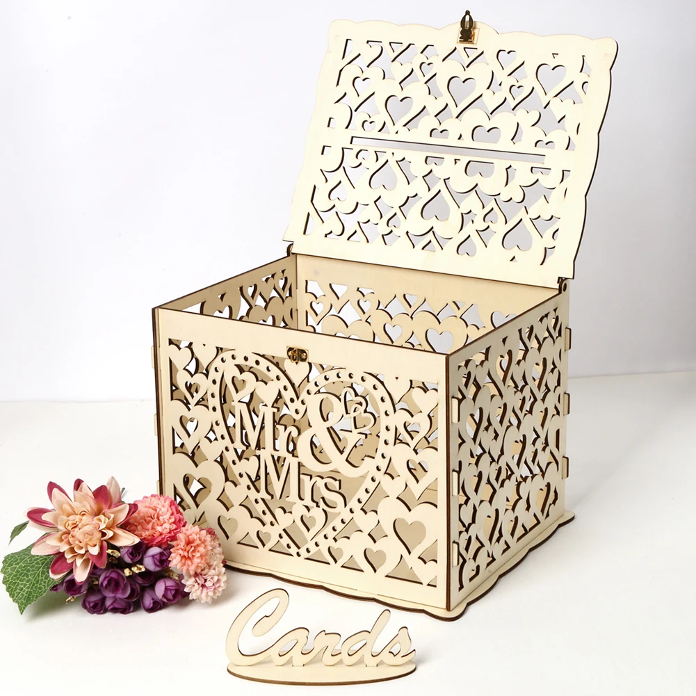Wedding Sutra - 木製の結婚式のカードボックス、封筒のサインカード、花のパターン、DIYの装飾用品、mrとmrs