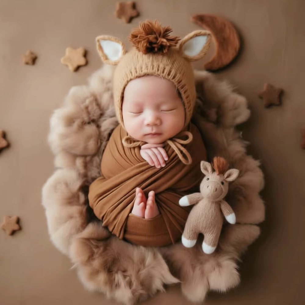 Photo Booth Prop - ニット馬帽子人形付き新生児写真撮影小道具動物ベビービーニー帽子かわいい新生児写真ボンネット写真撮影アクセサリー